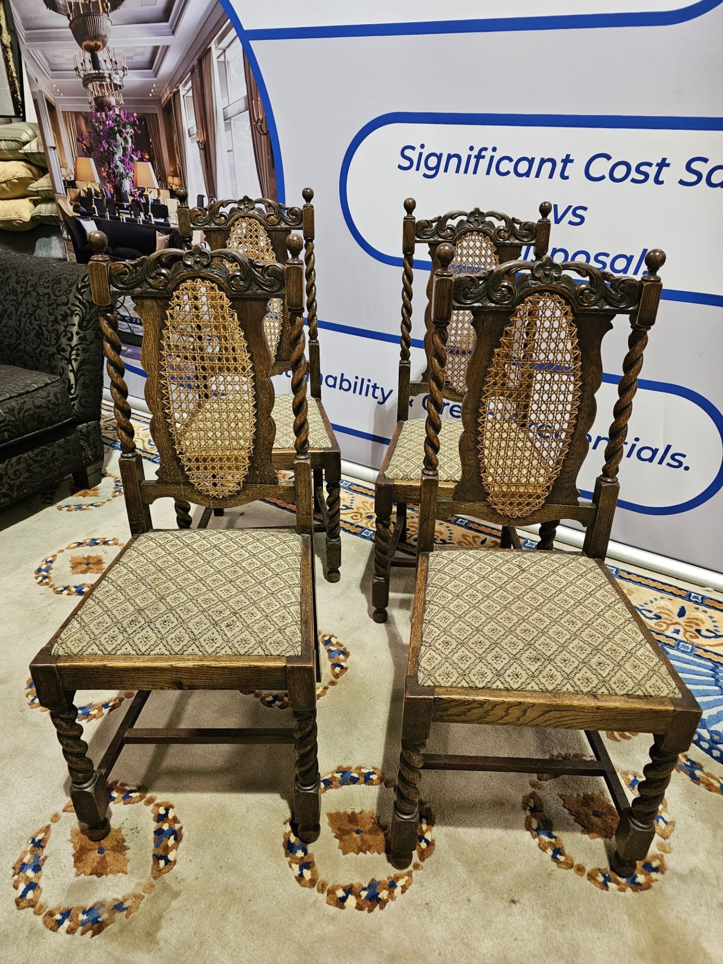 A Set Of 4 Oak Chairs The Carved Backrest With A Central Carved Ovoid Cane Panel Above A Upholstered - Image 8 of 9