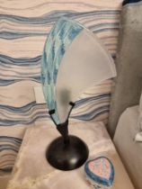 A Pair Of Art Deco Style Opaline Murano Glass Fin Table Lamps. These Stunning Pieces Feature A Metal