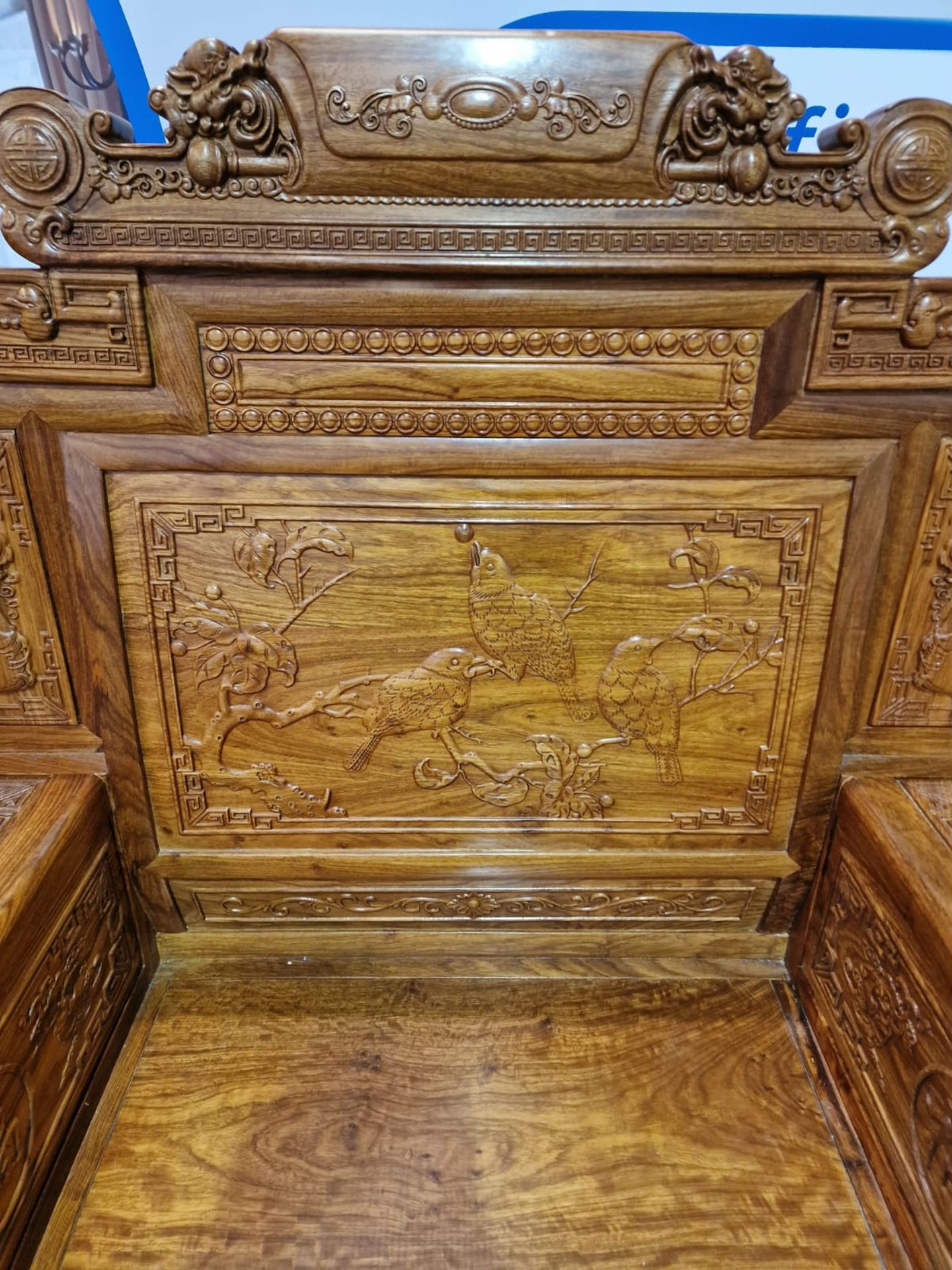 A Pair Chinese Imperial Style Hardwood Throne Chairs, The Backs Carved With Dragon Masks And Birds - Image 9 of 20