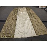 A pair of silk drapes champagne with green circle pattern tassel trim jabots 278 x 271cm (Dorch 11)