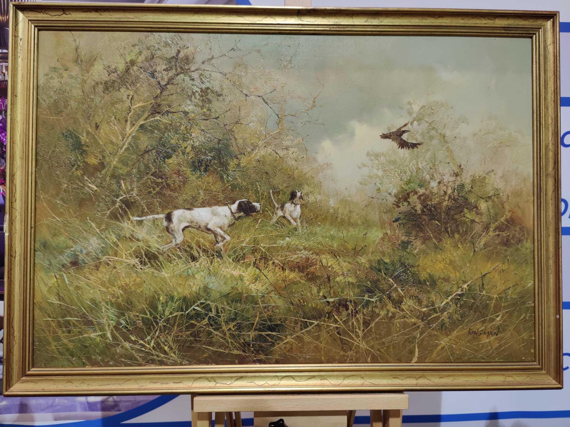 Oil On Canvas Two Pointer Dogs Flushing Out Birds. Signed In The Lower Right Corner  Eugene