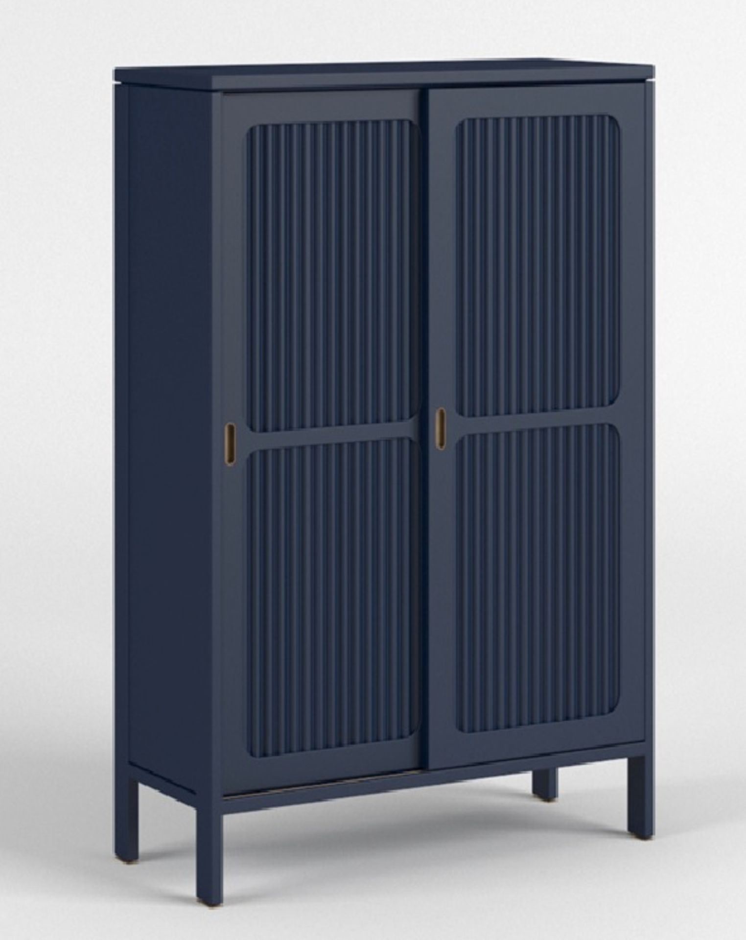 Reed Cabinet Featuring a midnight blue finish, solid oak framings, and sliding doors, the Reed