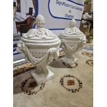 Pair Of Very Large White Stone Cast Lion Head Design Vase Urns with Lid, a gorgeous and elegant