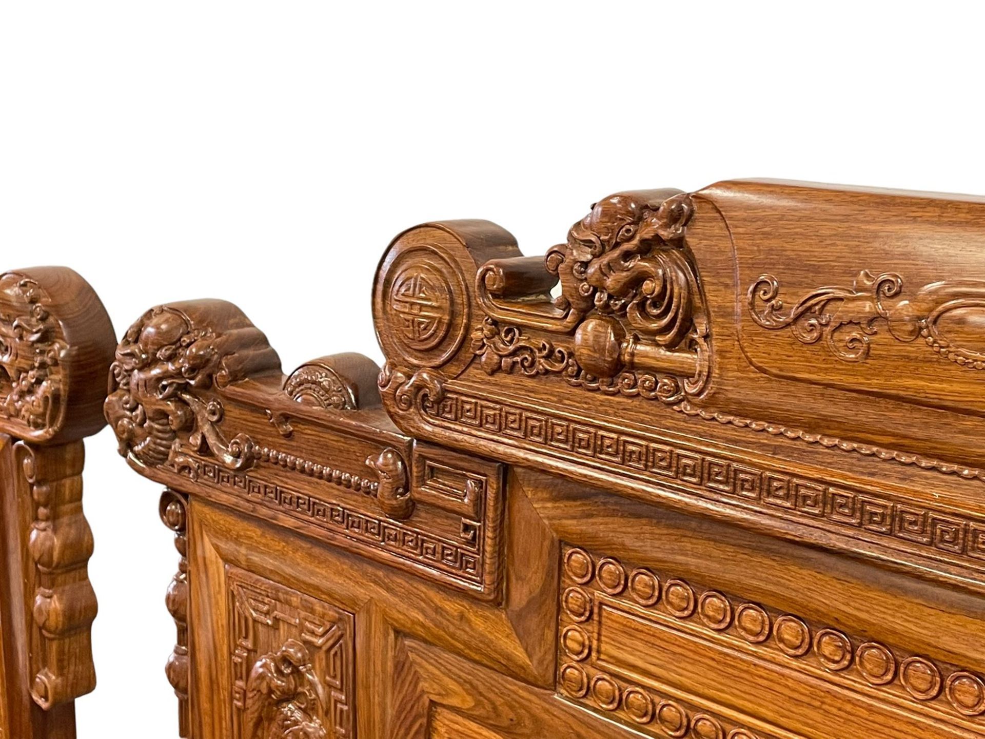 A Pair Chinese Imperial Style Hardwood Throne Chairs, The Backs Carved With Dragon Masks And Birds - Image 19 of 20