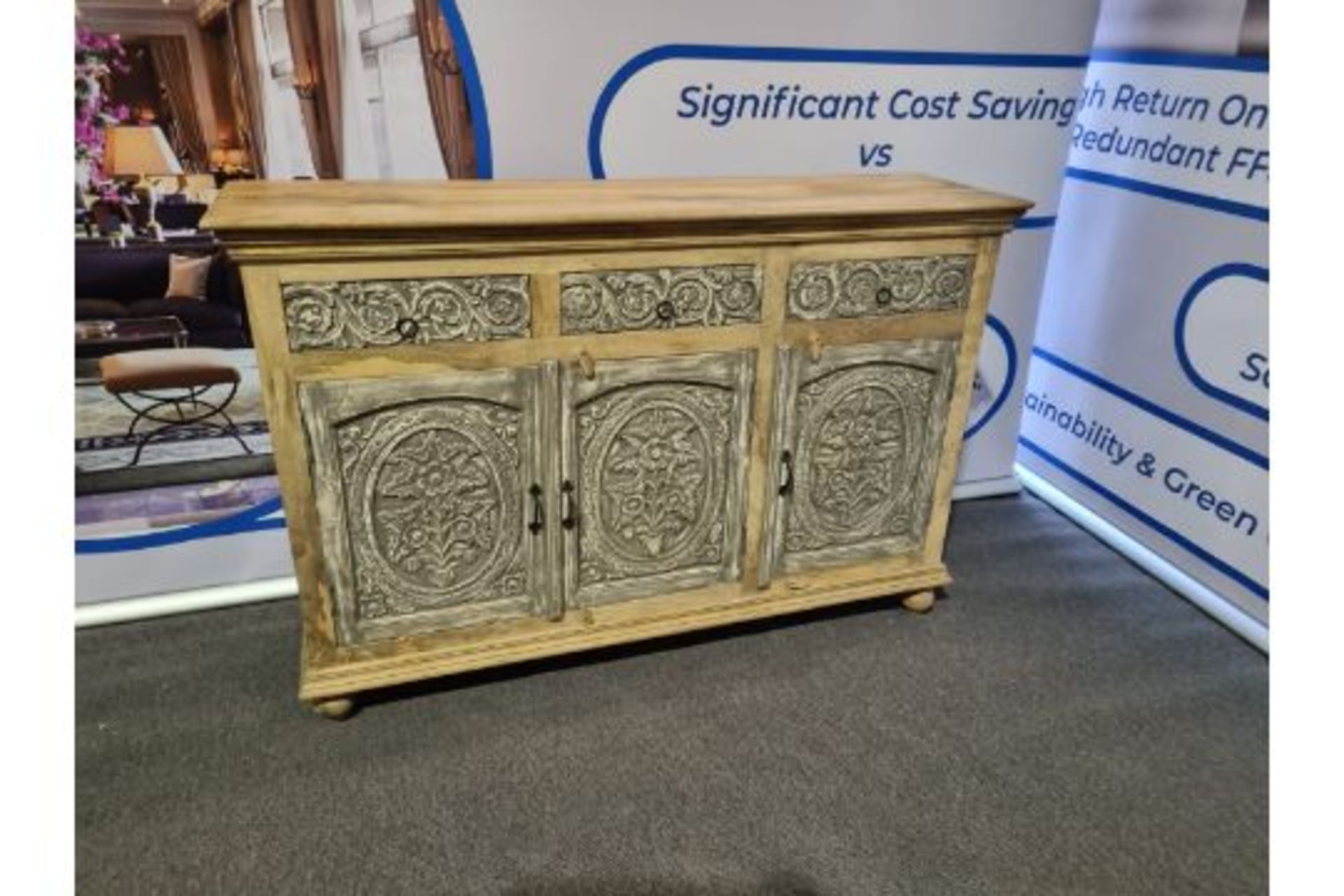 Mandala Sideboard Three Drawer Three Door Solid Reclaimed Wood Timeless Hand-Carving And - Image 4 of 4