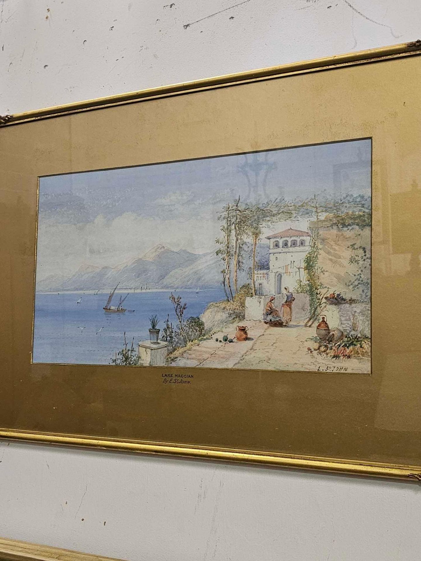 Lake Maggian Water Colour By Edwin St. John (British, Act.1880-1920), Signed And Framed In Antique - Bild 2 aus 5