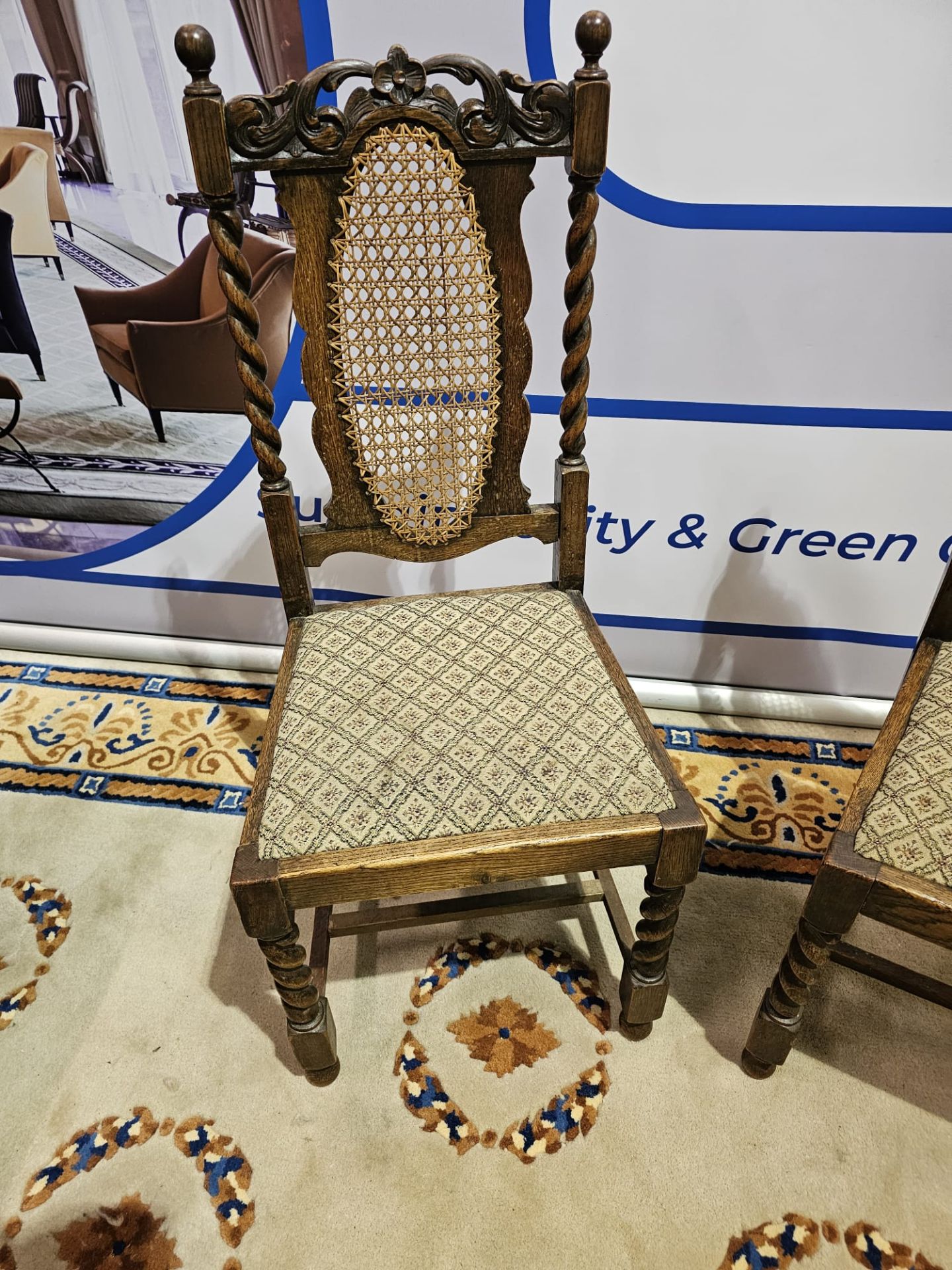 A Set Of 4 Oak Chairs The Carved Backrest With A Central Carved Ovoid Cane Panel Above A Upholstered - Image 5 of 9