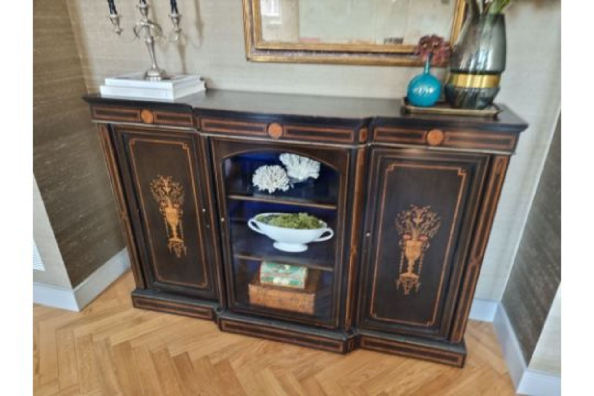 Victorian Credenza Exhibits A Captivating Combination Of Ebonised Walnut And Marquetry Detailing. It - Image 2 of 3