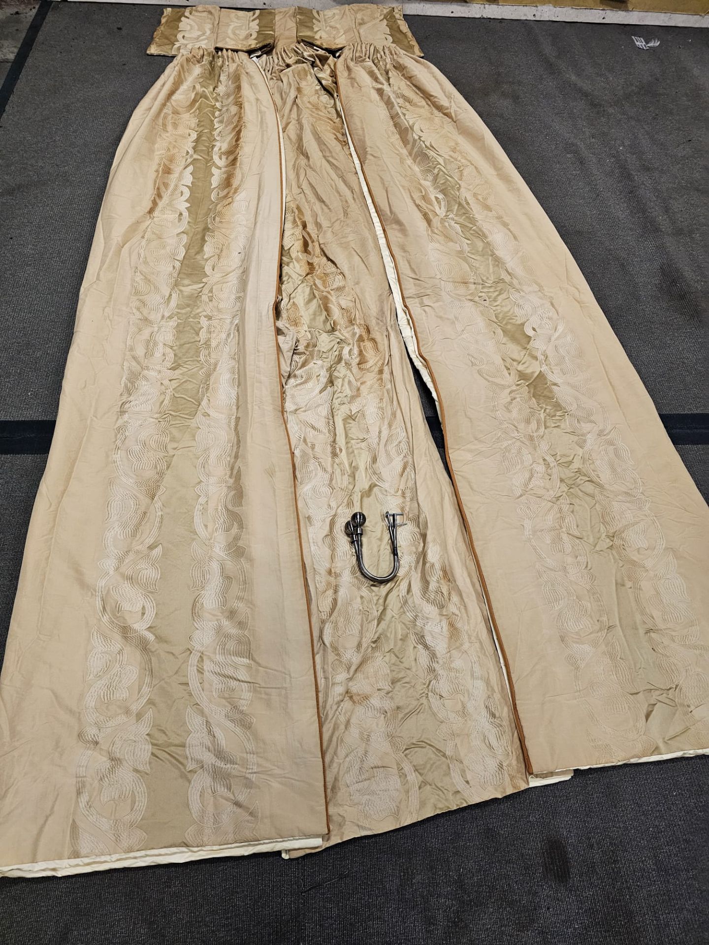 A pair of cream silk gold canopy bed curtains with black metal tie back 136 x 287cm (Dorch 5)