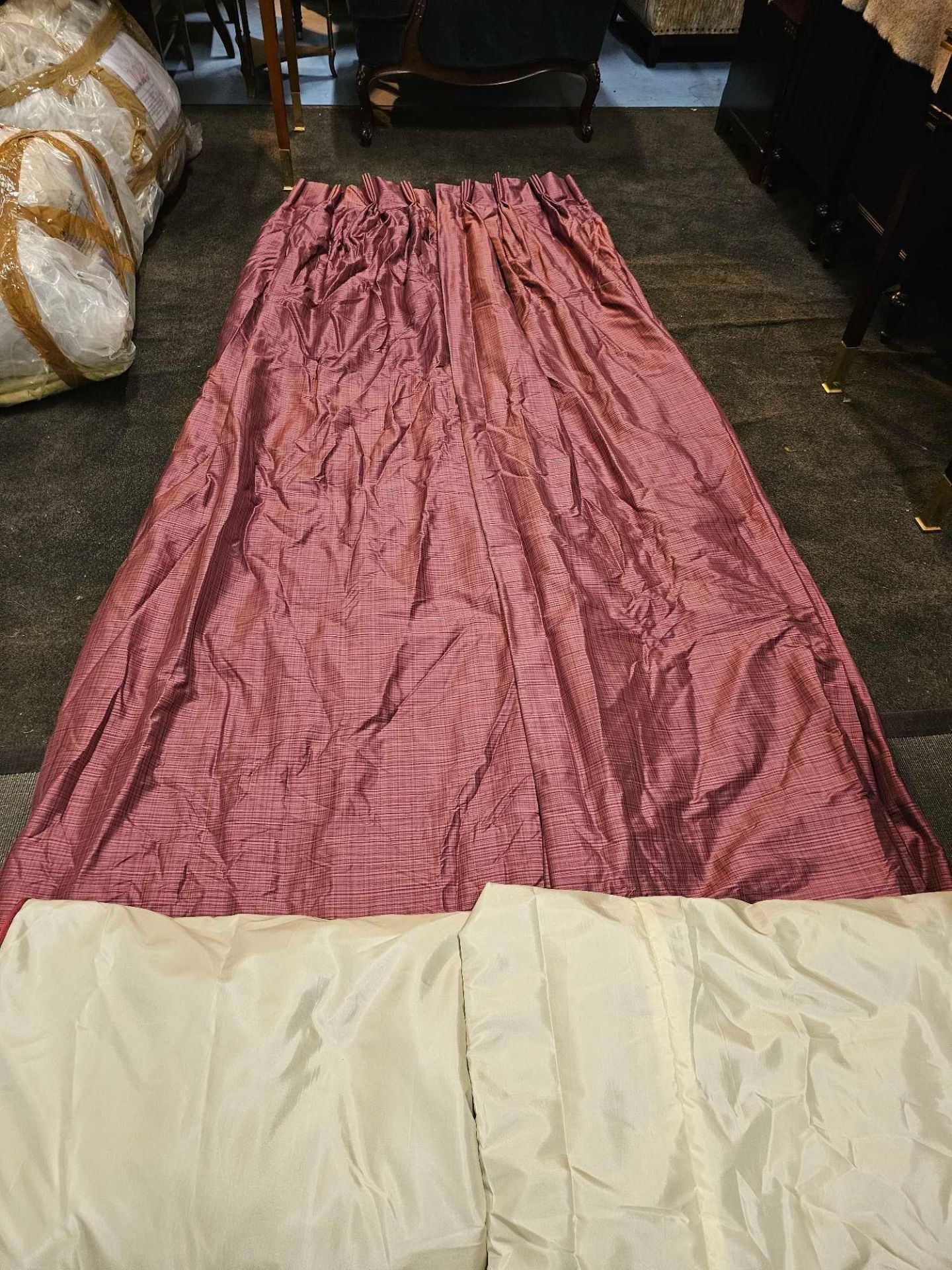 A Pair of Wine Red Silk Feint Pattern Drapes With Cream Jabots With Trim Edge 190 x 265 (Ref : Dorch