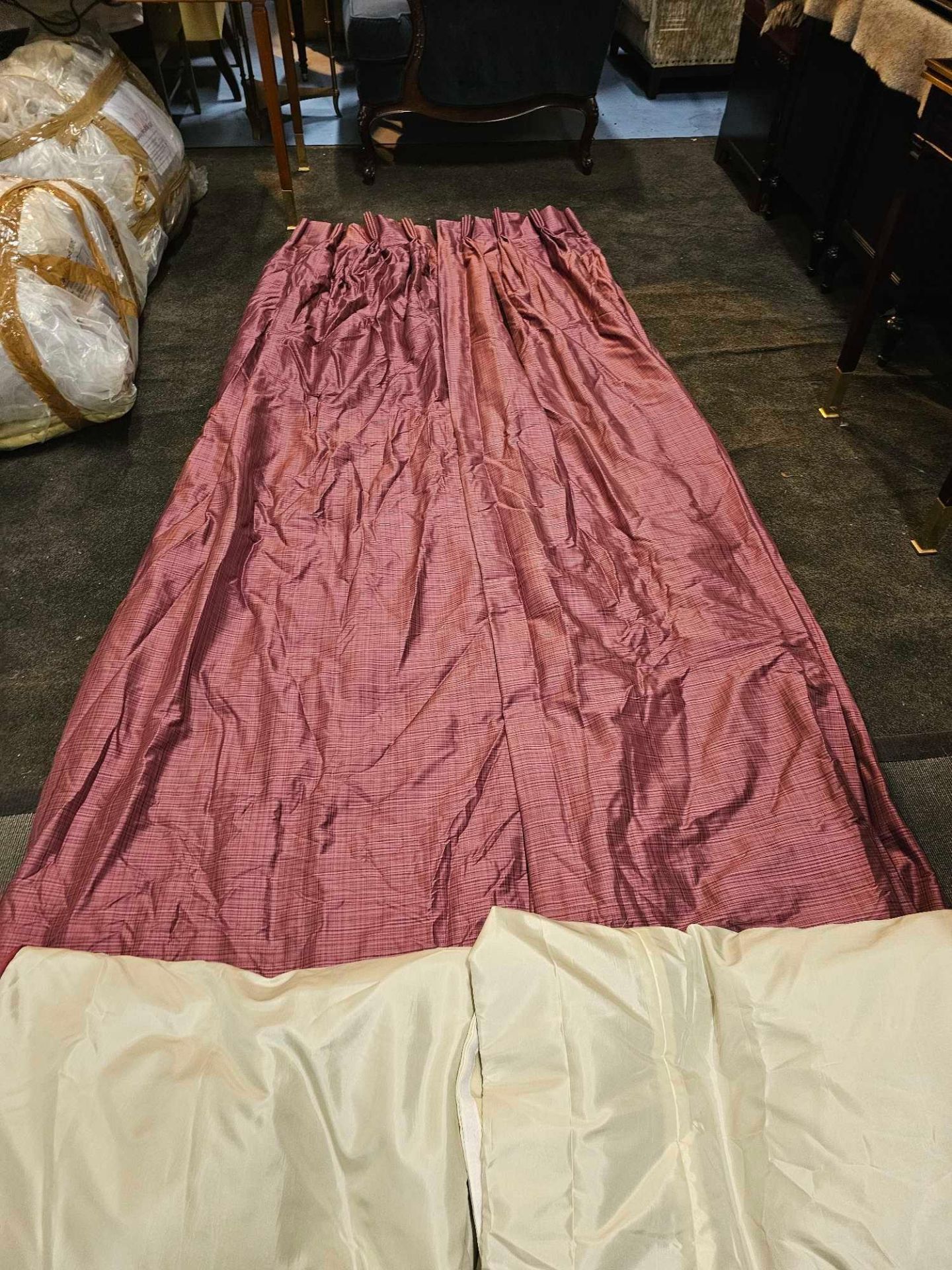 A Pair of Wine Red Silk Feint Pattern Drapes With Cream Jabots With Trim Edge 190 x 265 (Ref : Dorch - Image 2 of 5