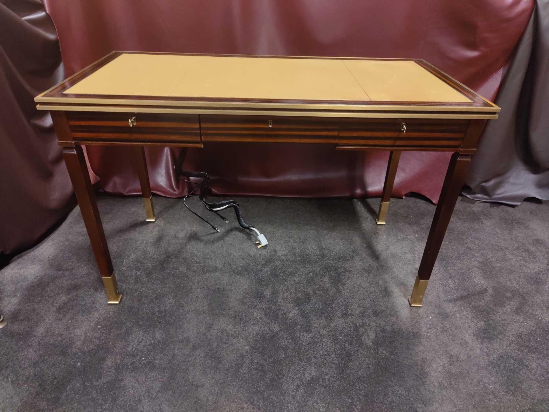 Writing Desk High Gloss Ebony Wood With Tooled Leather Inlay Faux Central Drawer Flanked By Single - Image 2 of 4