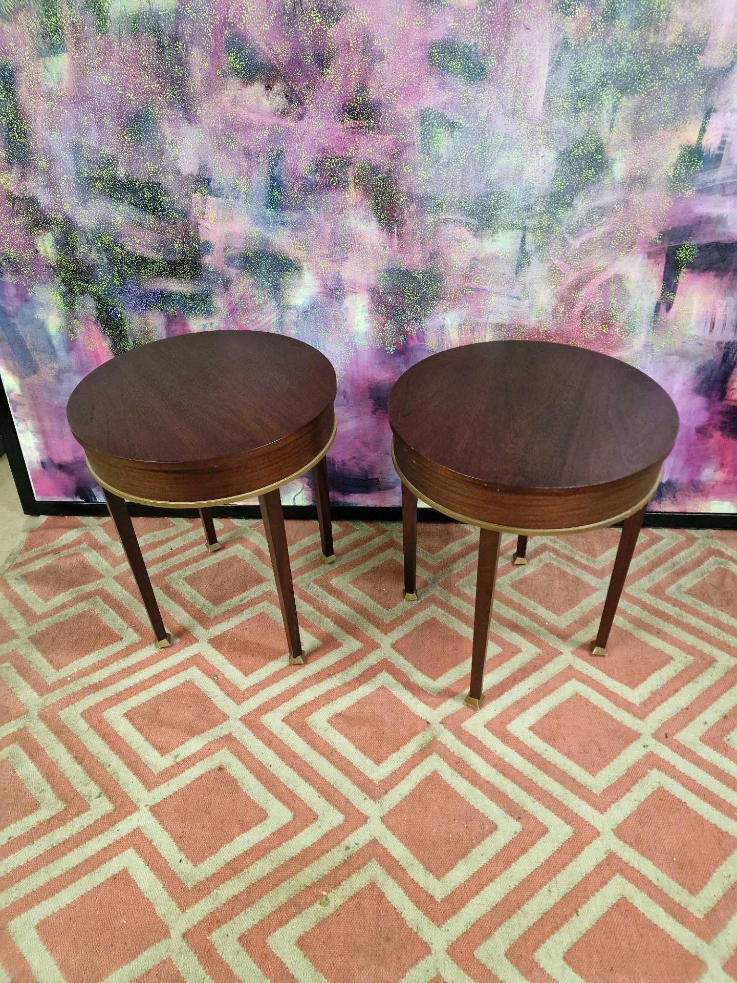 A Pair Of Mahogany Drum Side Tables With Circular Tops 55cm In Diameter With Brass Trim Details On - Image 2 of 3