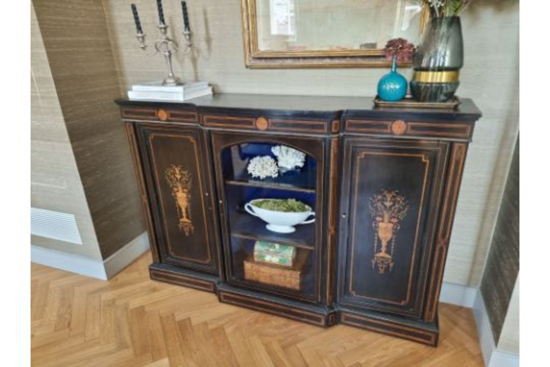 Victorian Credenza Exhibits A Captivating Combination Of Ebonised Walnut And Marquetry Detailing. It - Image 3 of 3