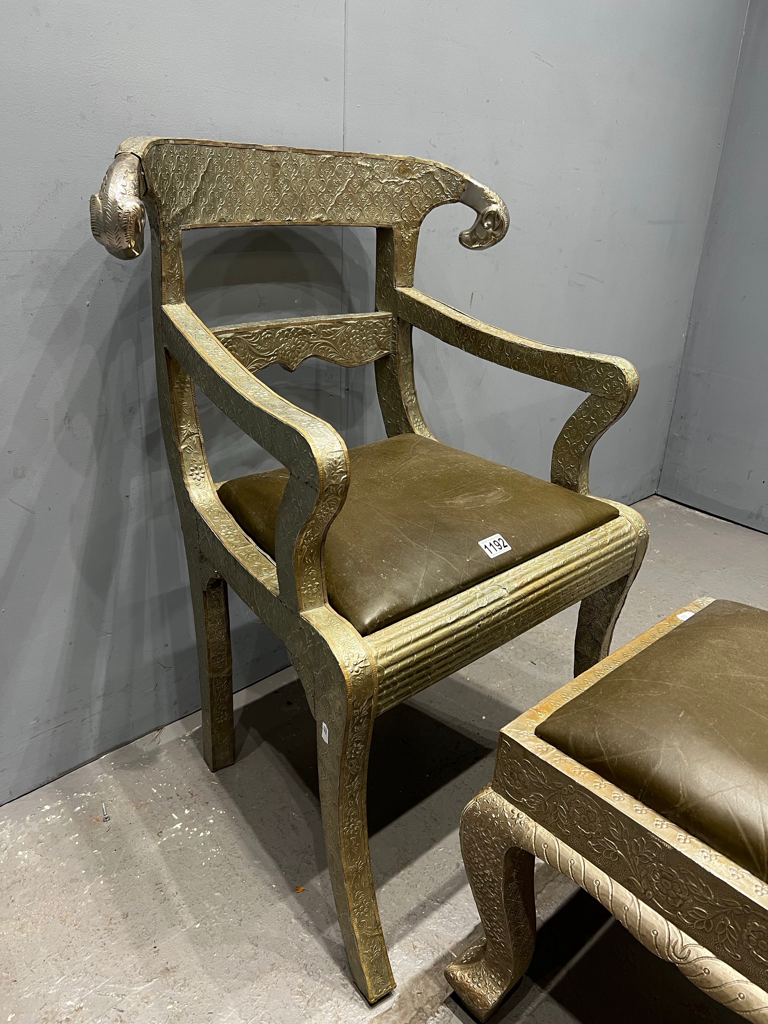 Dowry Chair And Footstool A Striking Vintage Anglo-Indian Silvered Metal-Clad Chair, 20th Century,