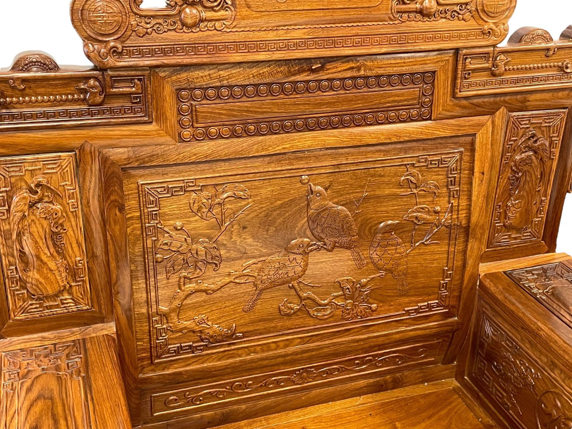 A Pair Chinese Imperial Style Hardwood Throne Chairs, The Backs Carved With Dragon Masks And Birds - Image 14 of 20
