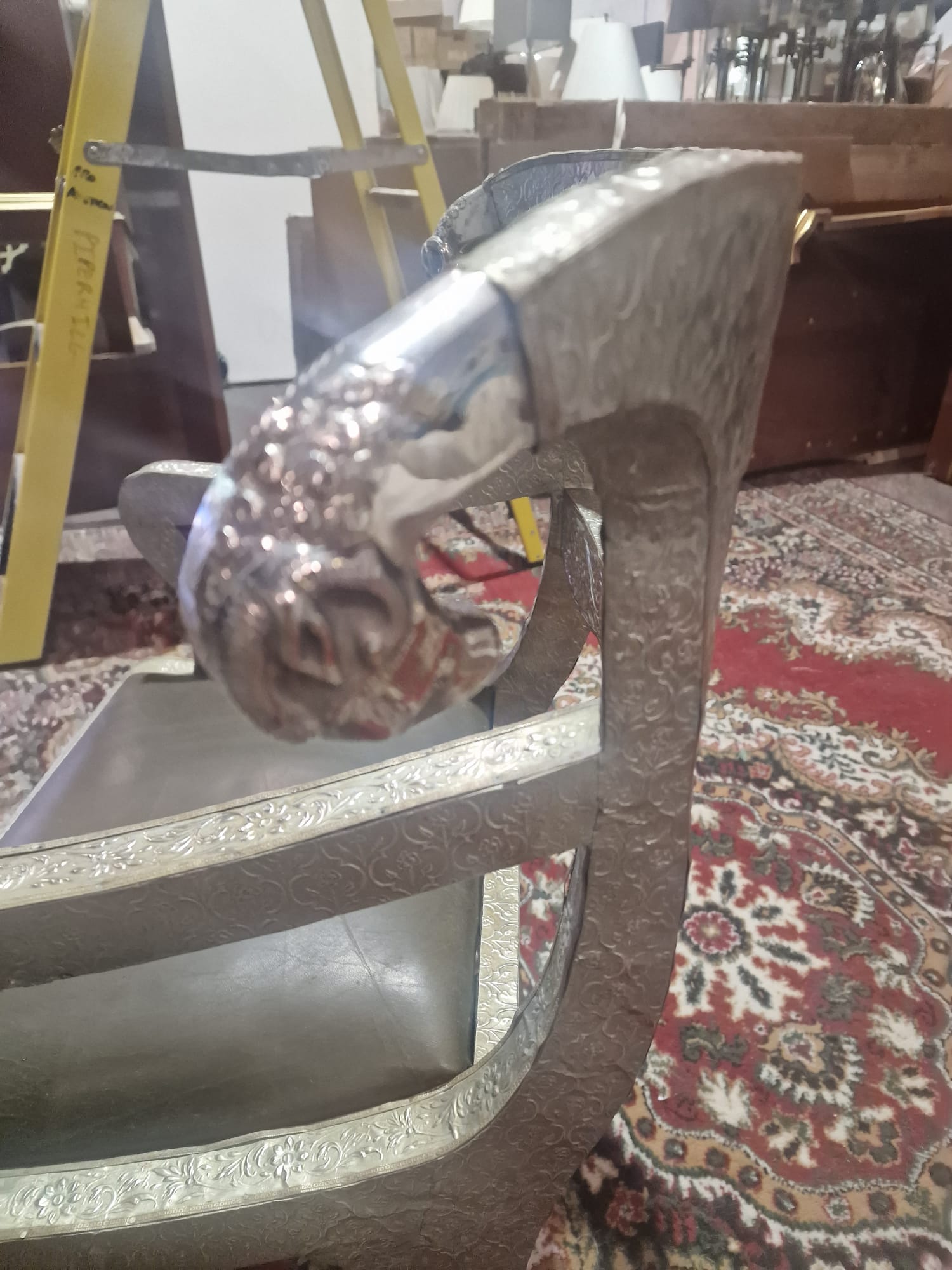 Dowry Chair And Footstool A Striking Vintage Anglo-Indian Silvered Metal-Clad Chair, 20th Century, - Image 12 of 16