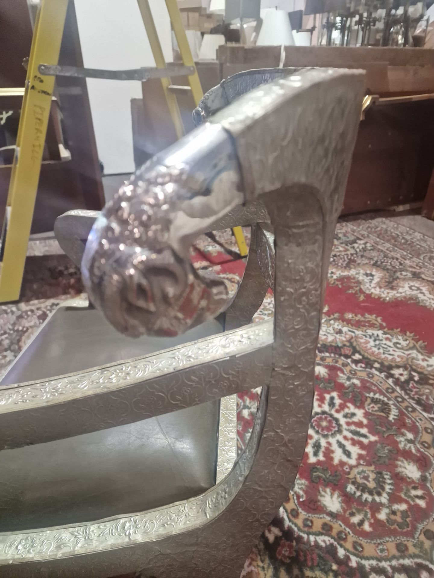 Dowry Chair And Footstool A Striking Vintage Anglo-Indian Silvered Metal-Clad Chair, 20th Century, - Image 12 of 16