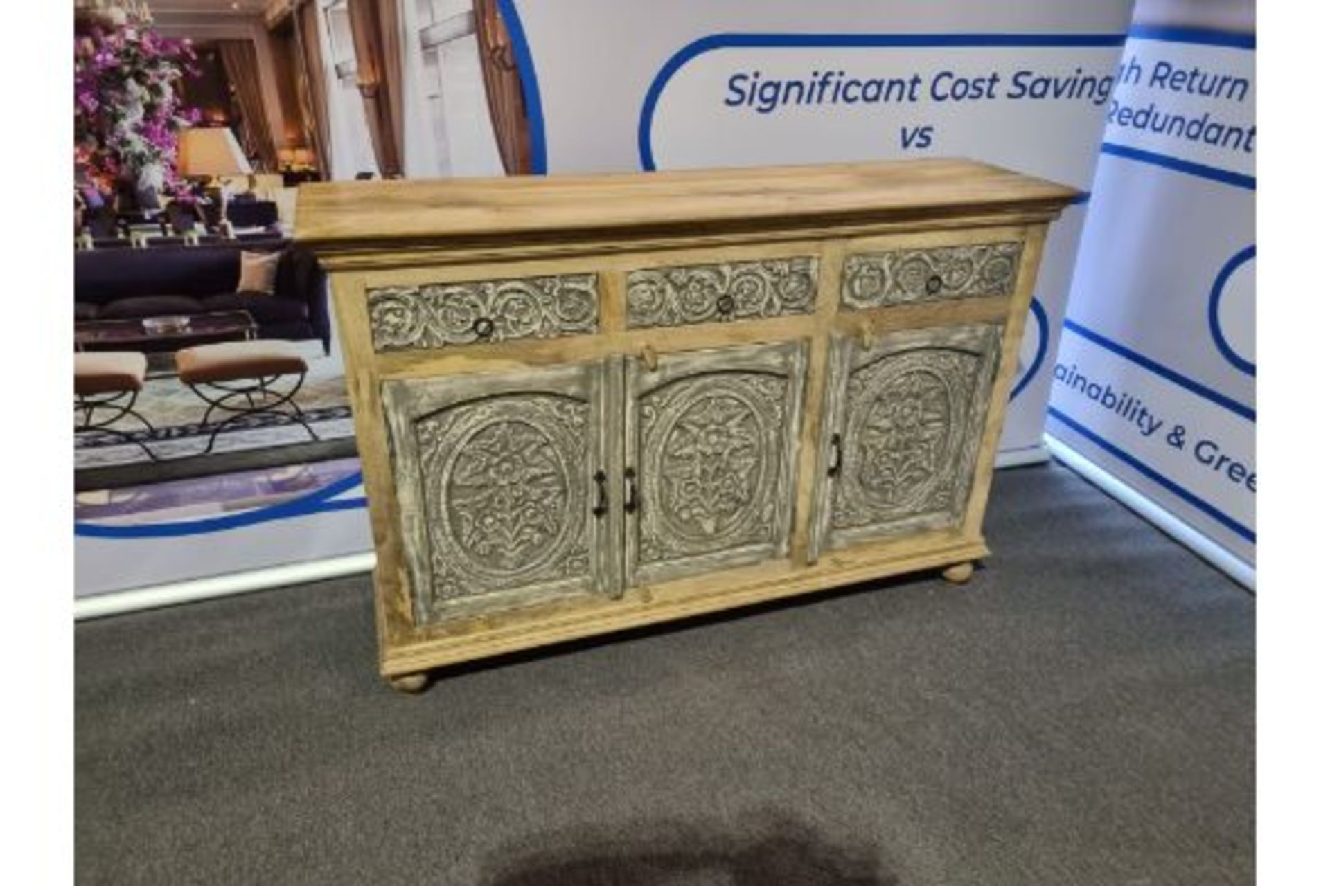 Mandala Sideboard Three Drawer Three Door Solid Reclaimed Wood Timeless Hand-Carving And