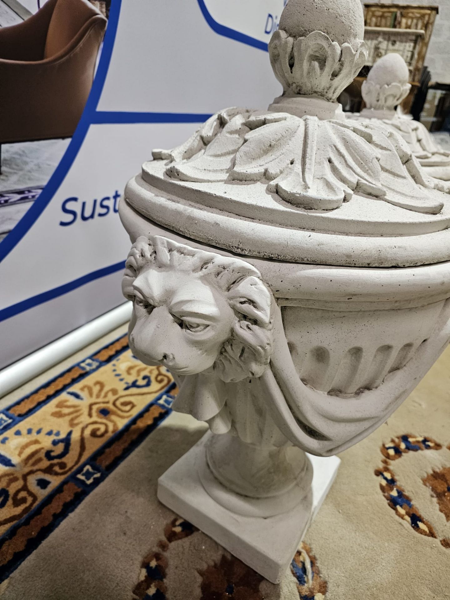 Pair Of Very Large White Stone Cast Lion Head Design Vase Urns with Lid, a gorgeous and elegant - Image 8 of 10