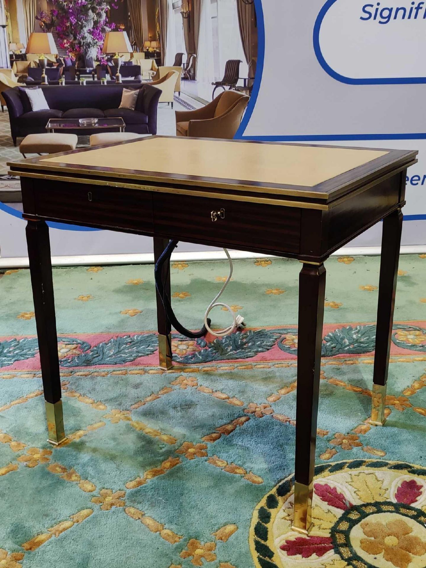 Writing Desk High Gloss With Tooled Leather Inlay Single Drawer Mounted On Square Tapering Legs - Image 7 of 8