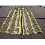 A pair of silk drapes green and pink floral pattern with wood curtain pole 176 x 280cm (Dorch 14)