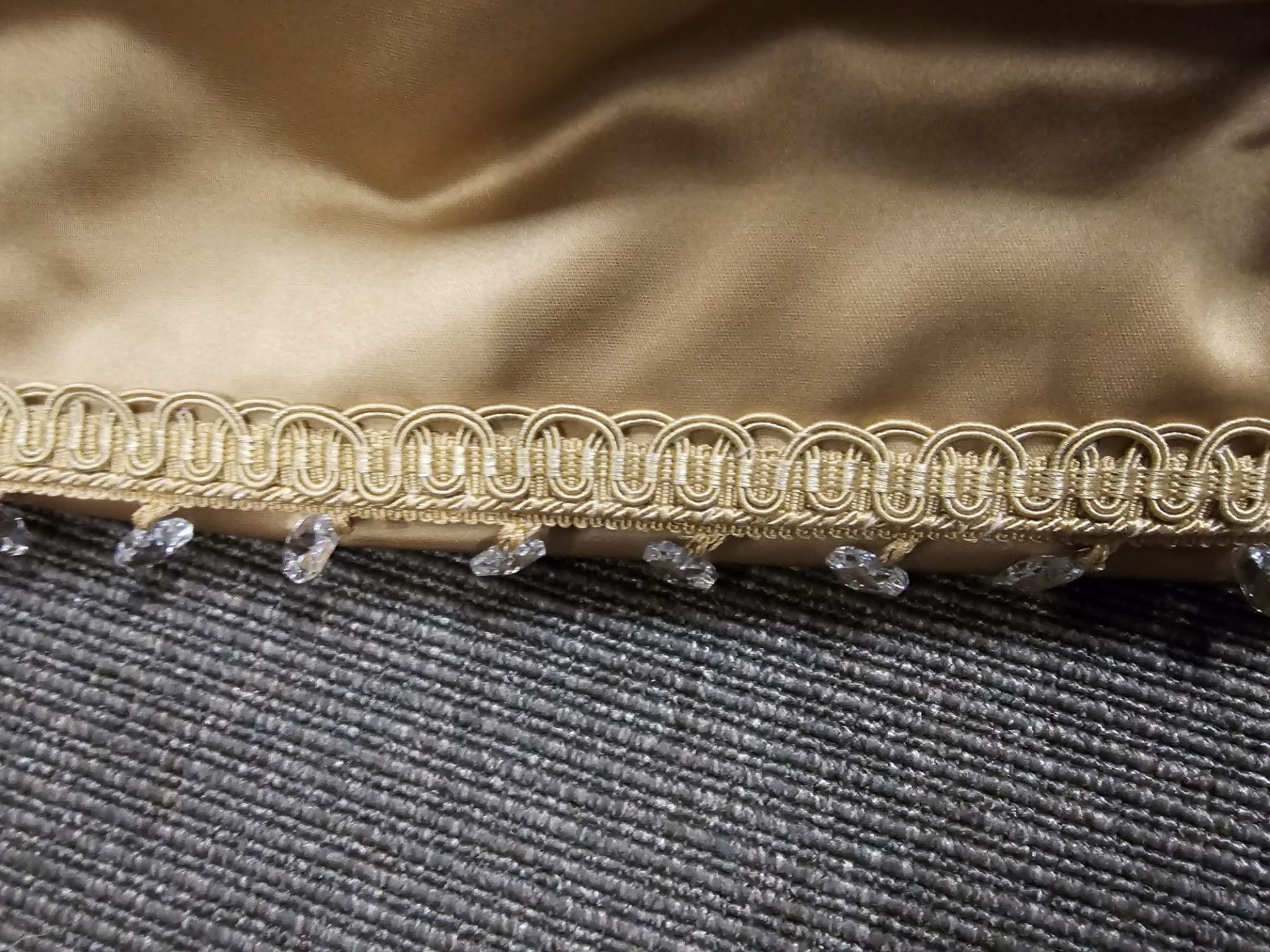 A pair of silk drapes and jabots gold with crystal trim edging and embroidered in gold silver - Image 3 of 3