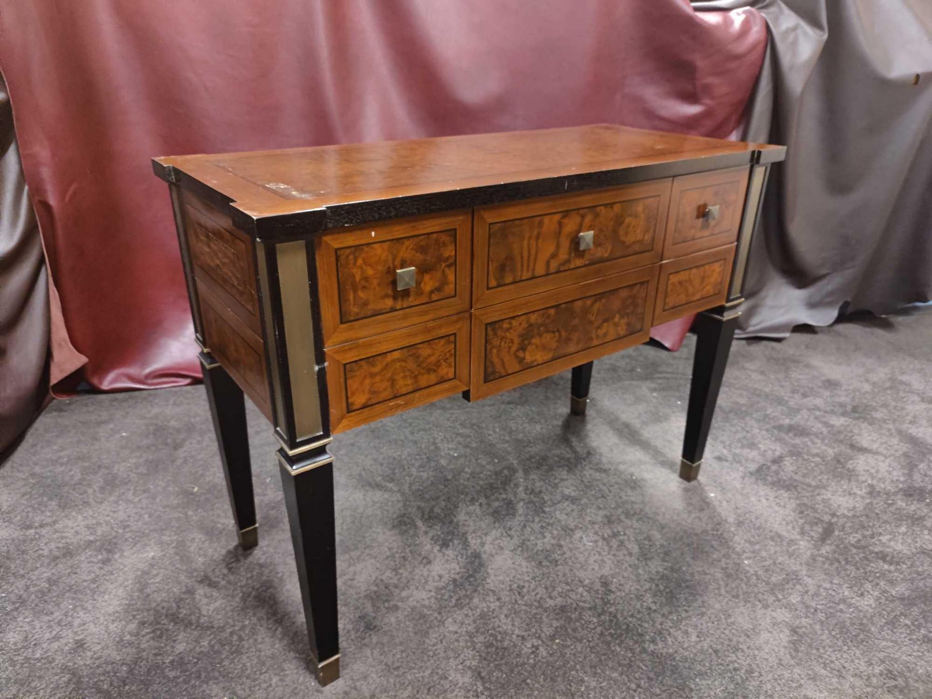 A Burr Mahogany And Gold Trim Hall Table With Two Drawers And A Faux Drawer Mounted On Tapered - Image 2 of 3