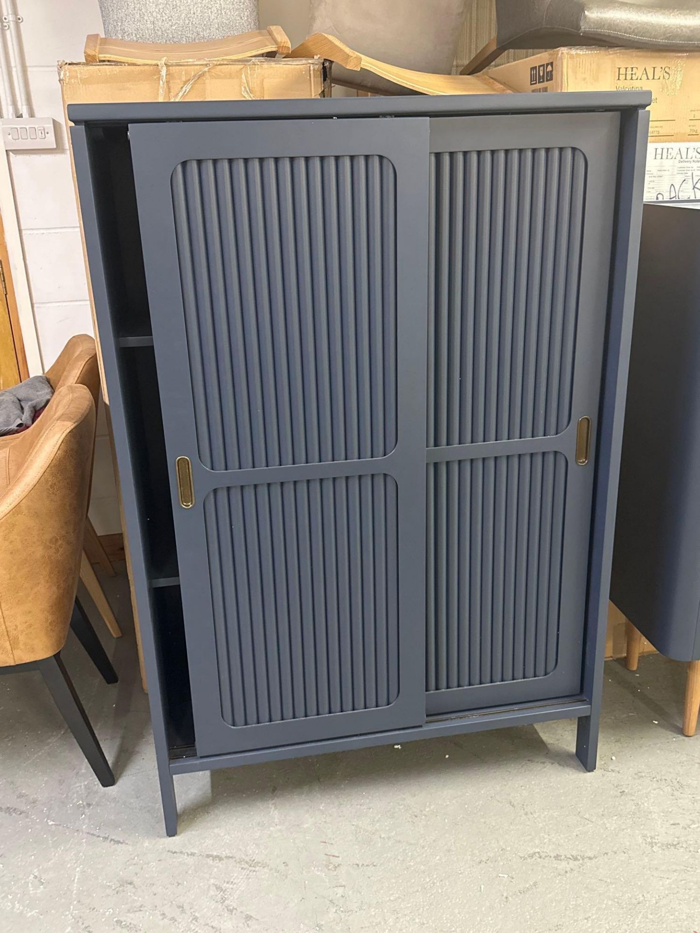 Reed Cabinet Featuring a midnight blue finish, solid oak framings, and sliding doors, the Reed - Image 2 of 5