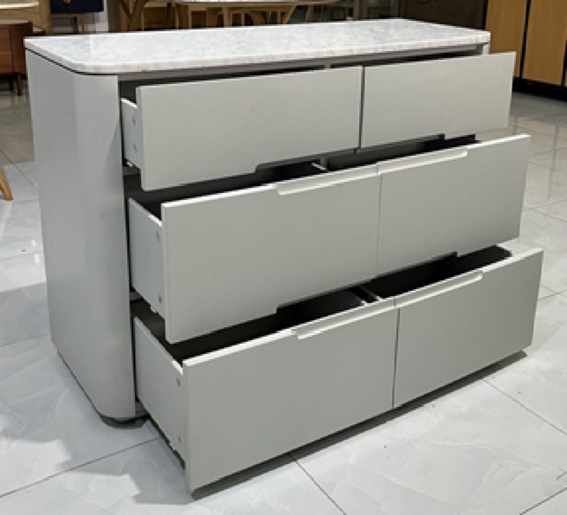 Florence 6 Drawer Bedroom Chest With Italian Carrara Marble Top Sample Product 120 x 45 x 75cm - Image 2 of 3