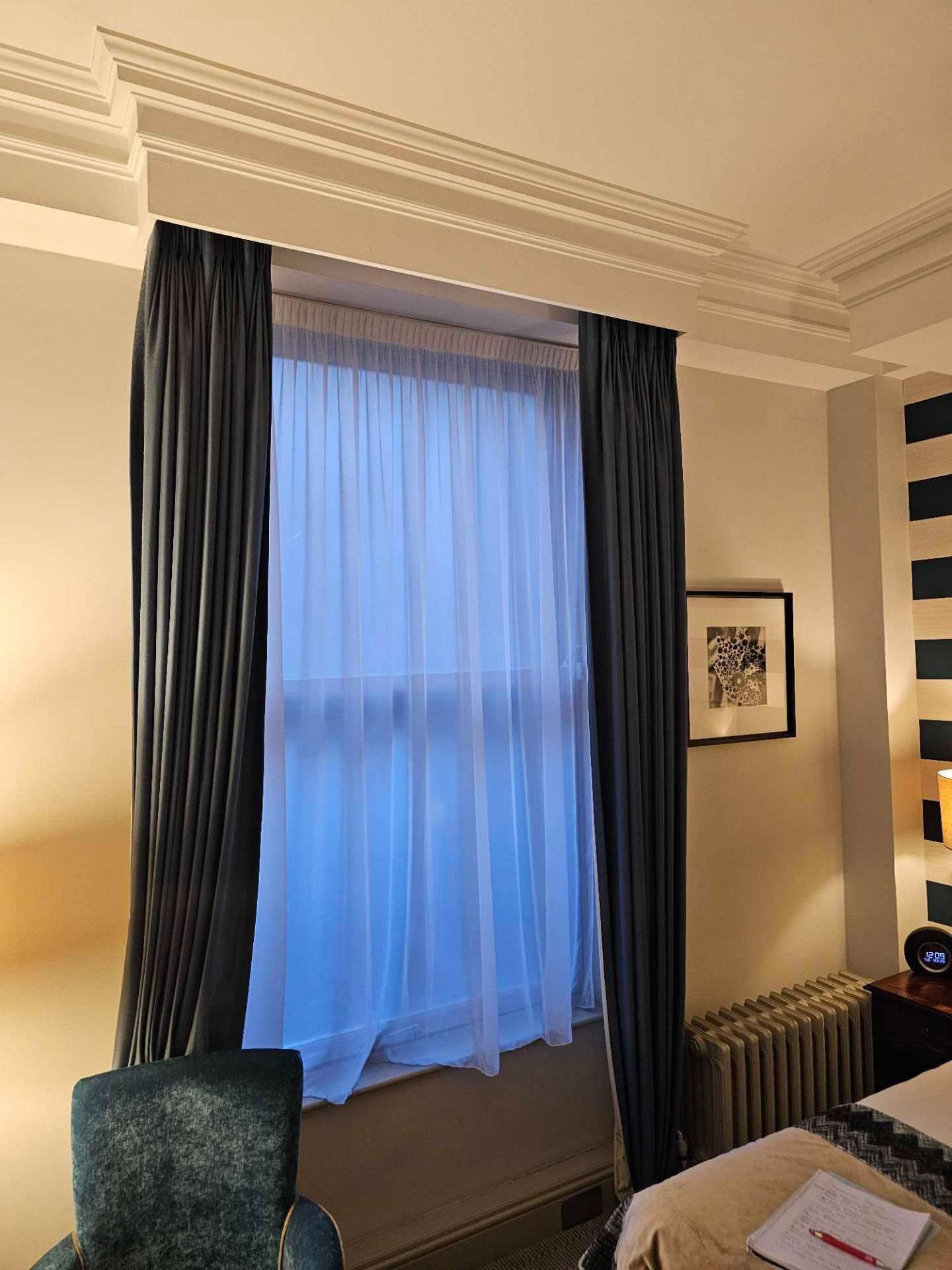 Drapes Blue Wove Linen Fully Lined With Pencil Pleat Top 180 x 290cm (Loc: Room 131)