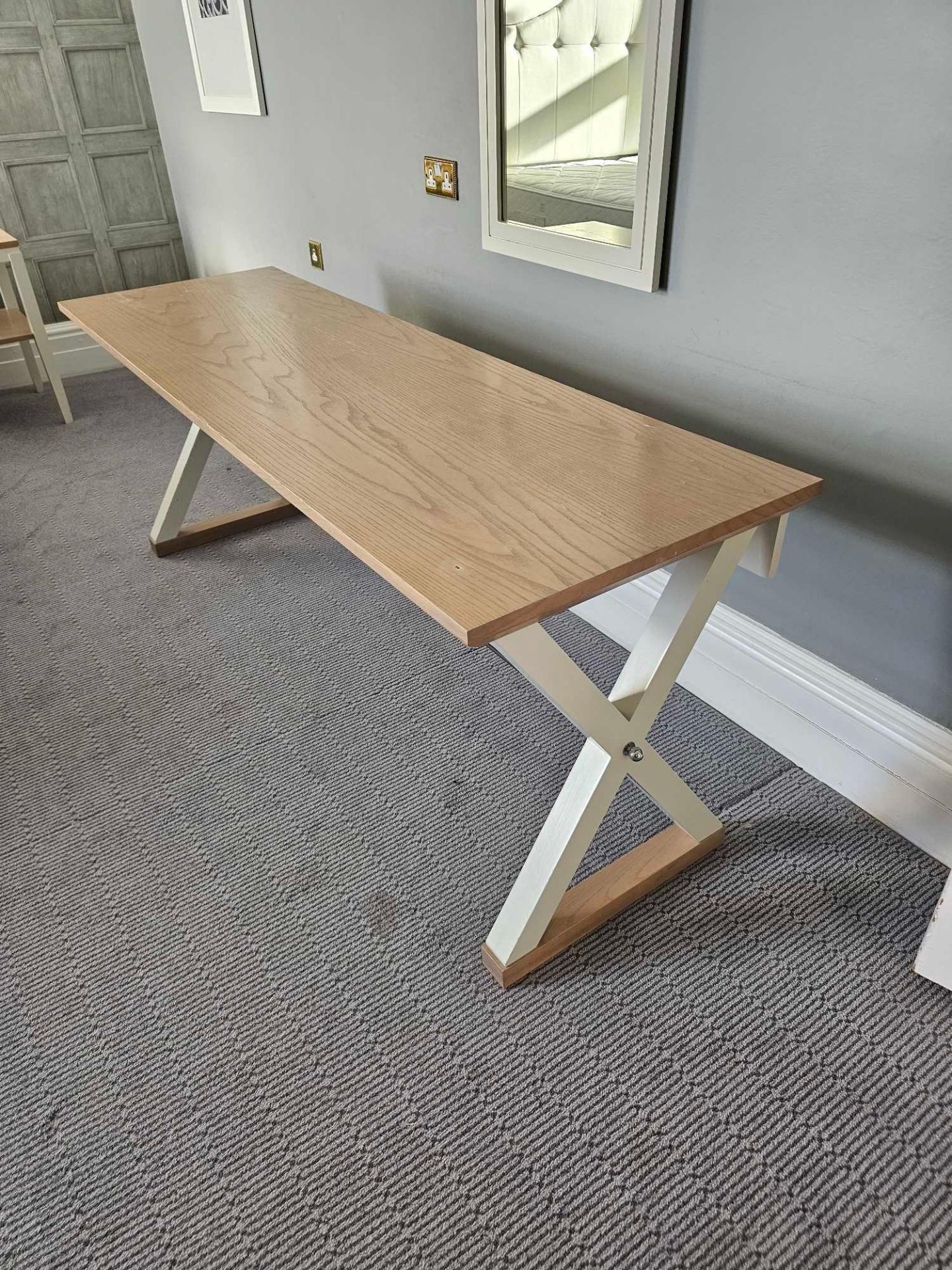 Table Featuring A White Painted Frame, Limed Oak Top, And Chrome Support Stretchers, This Sturdy - Image 2 of 3