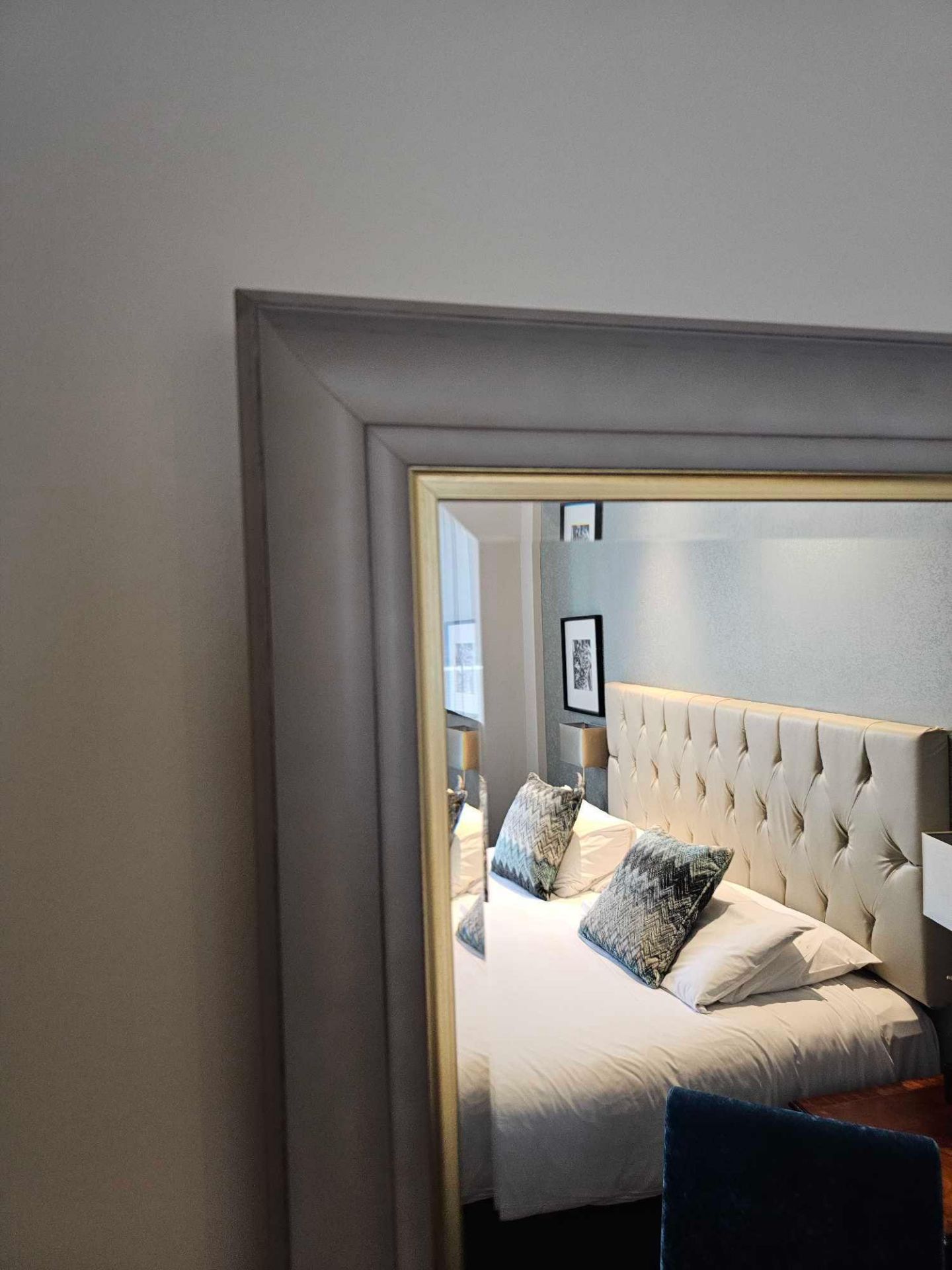 Modern Bevelled Accent Mirror Grey Timber Frame With Gold Trim Detailing 70 x 100cm (Loc: Room 129) - Image 2 of 2