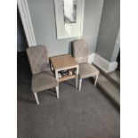 A Pair Of Upholstered Grey Tufted Side Chairs Shaped Seat Pad Raised On Gardenia Painted Legs 49 x