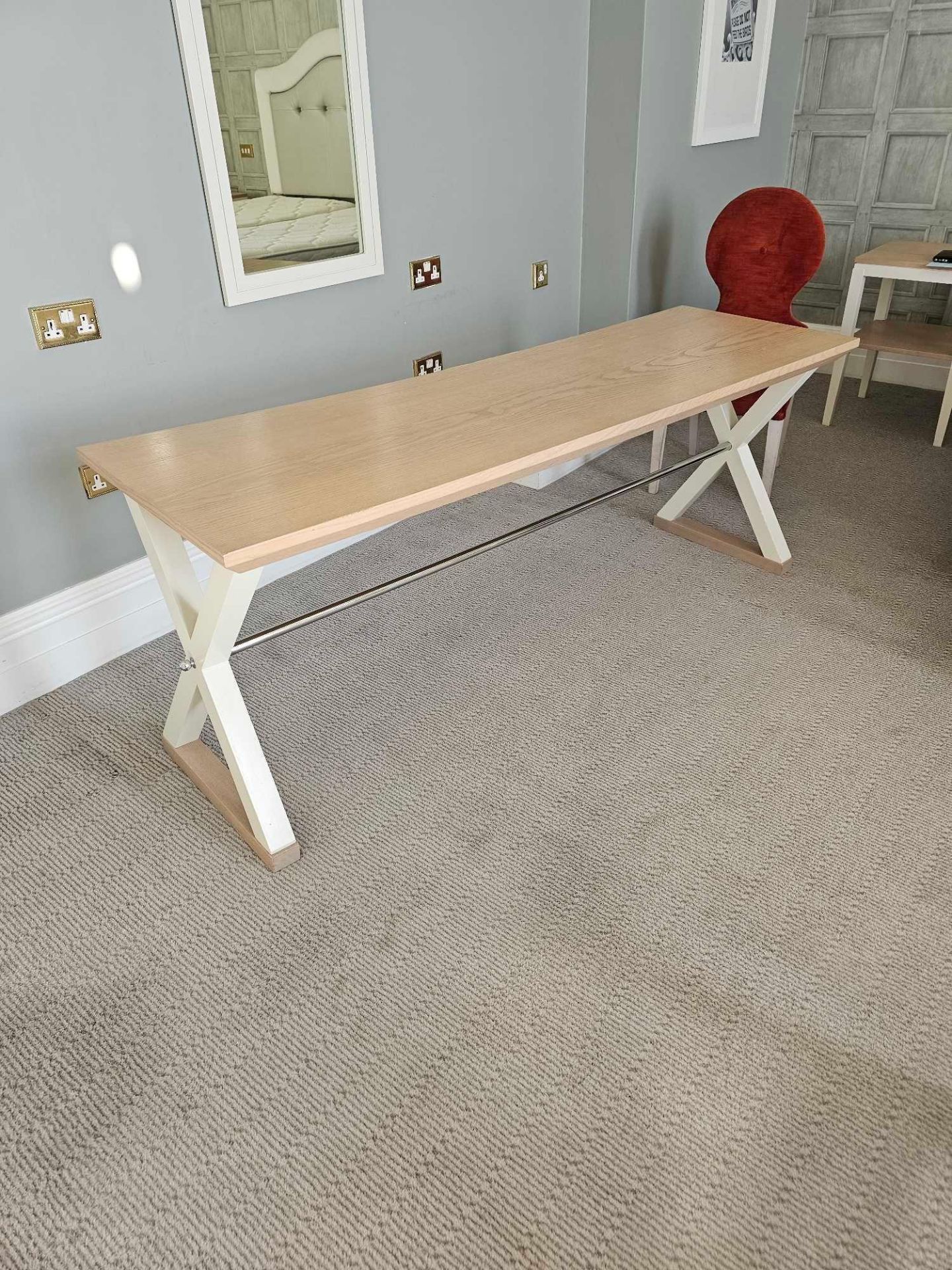 Table Featuring A White Painted Frame, Limed Oak Top, And Chrome Support Stretchers, This Sturdy - Image 2 of 3