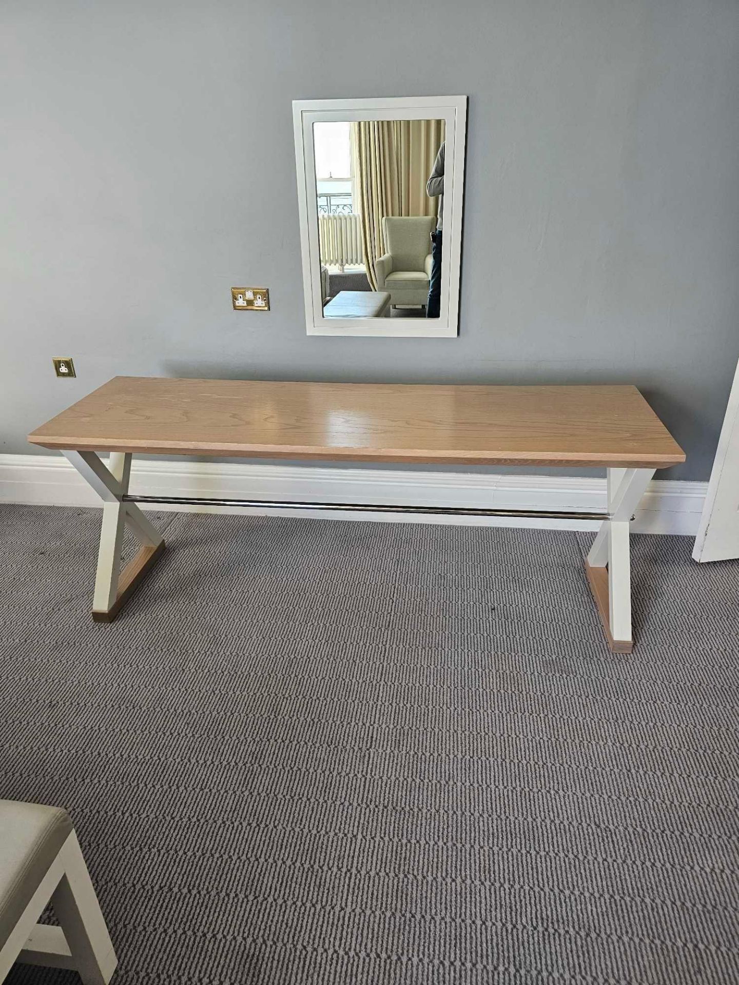 Table Featuring A White Painted Frame, Limed Oak Top, And Chrome Support Stretchers, This Sturdy