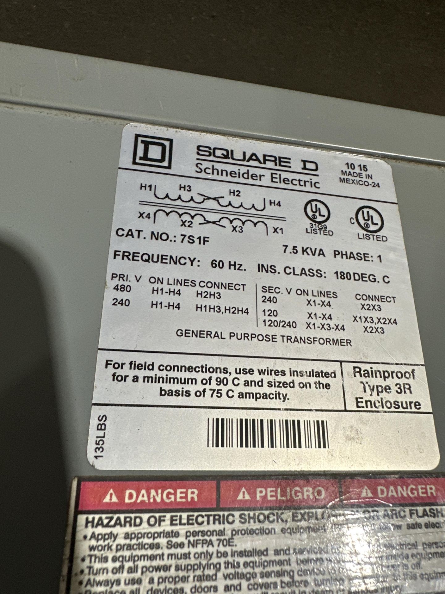 SQUARE D 7S1F TRANSFORMER 240/480 PRIMARY 120/240 SECONDARY 7.5 KVA - Image 2 of 4