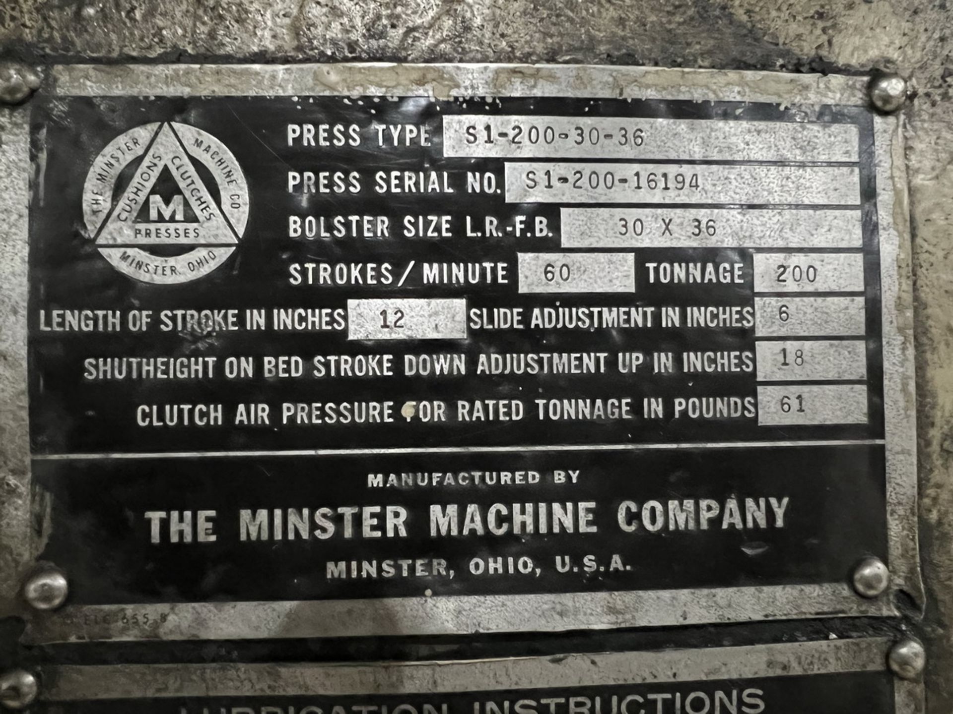 Minster S1-200-30-36 200-Ton Straight Side Single Crank Press - Image 6 of 9