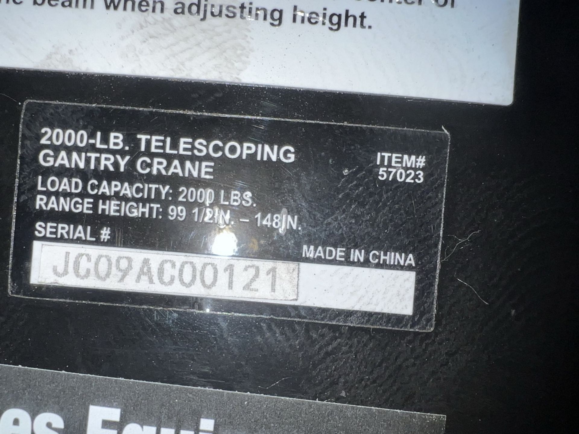 Bannon Item No. 57023 2,000Lb. Telescoping Mobile Gantry Crane - Image 9 of 9