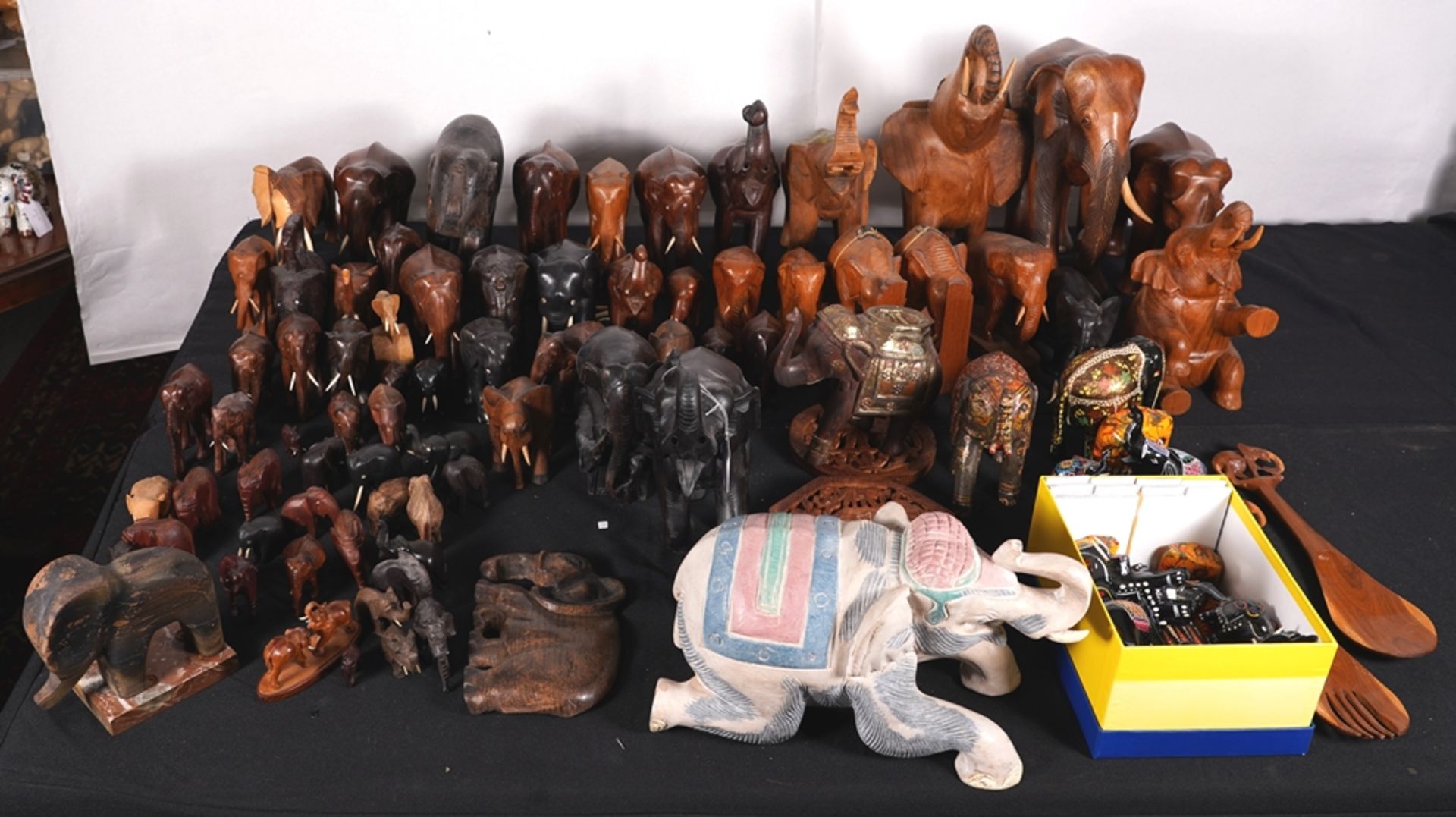 Mixed lot of wooden elephants