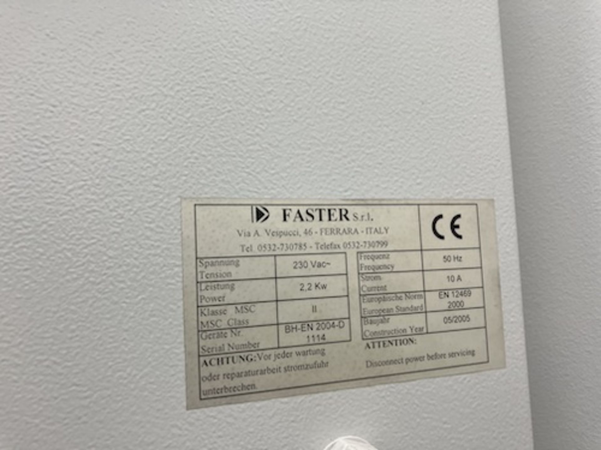 Faster BH-EN 2004-D safety cabinet Serial no. 1114 (2005) - Image 2 of 2