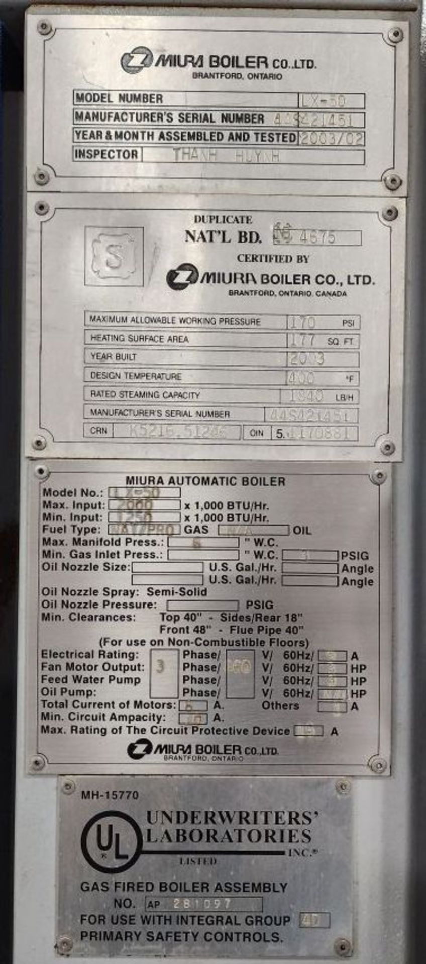 MIURA BOILER - NATURAL GAS/PROPANE FIRED - MODEL LX-50 **See Auctioneers Note** - Image 6 of 13