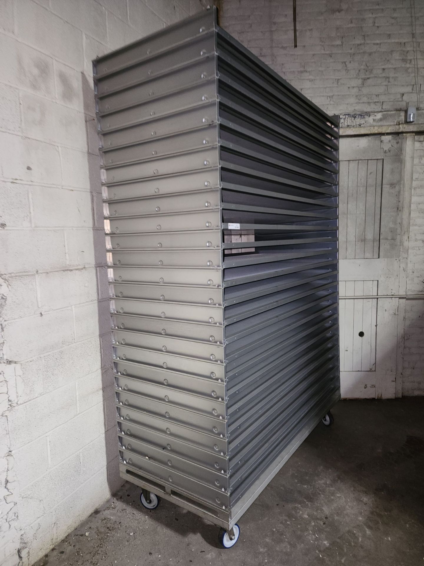 Stack of (25) Aluminum Trays, perforated, on Transport cart - Image 4 of 9