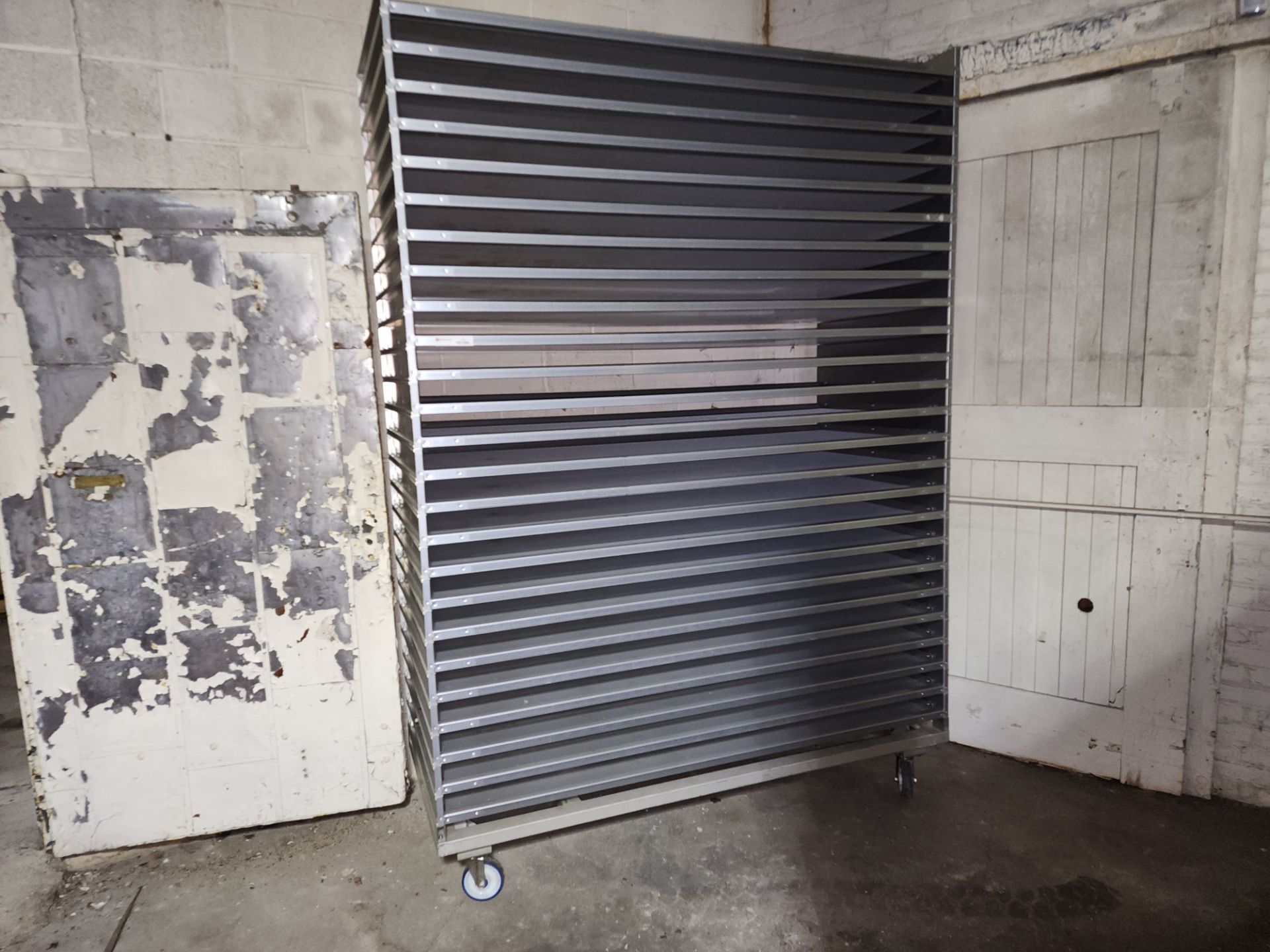 Stack of (25) Aluminum Trays, perforated, on Transport cart - Image 2 of 9