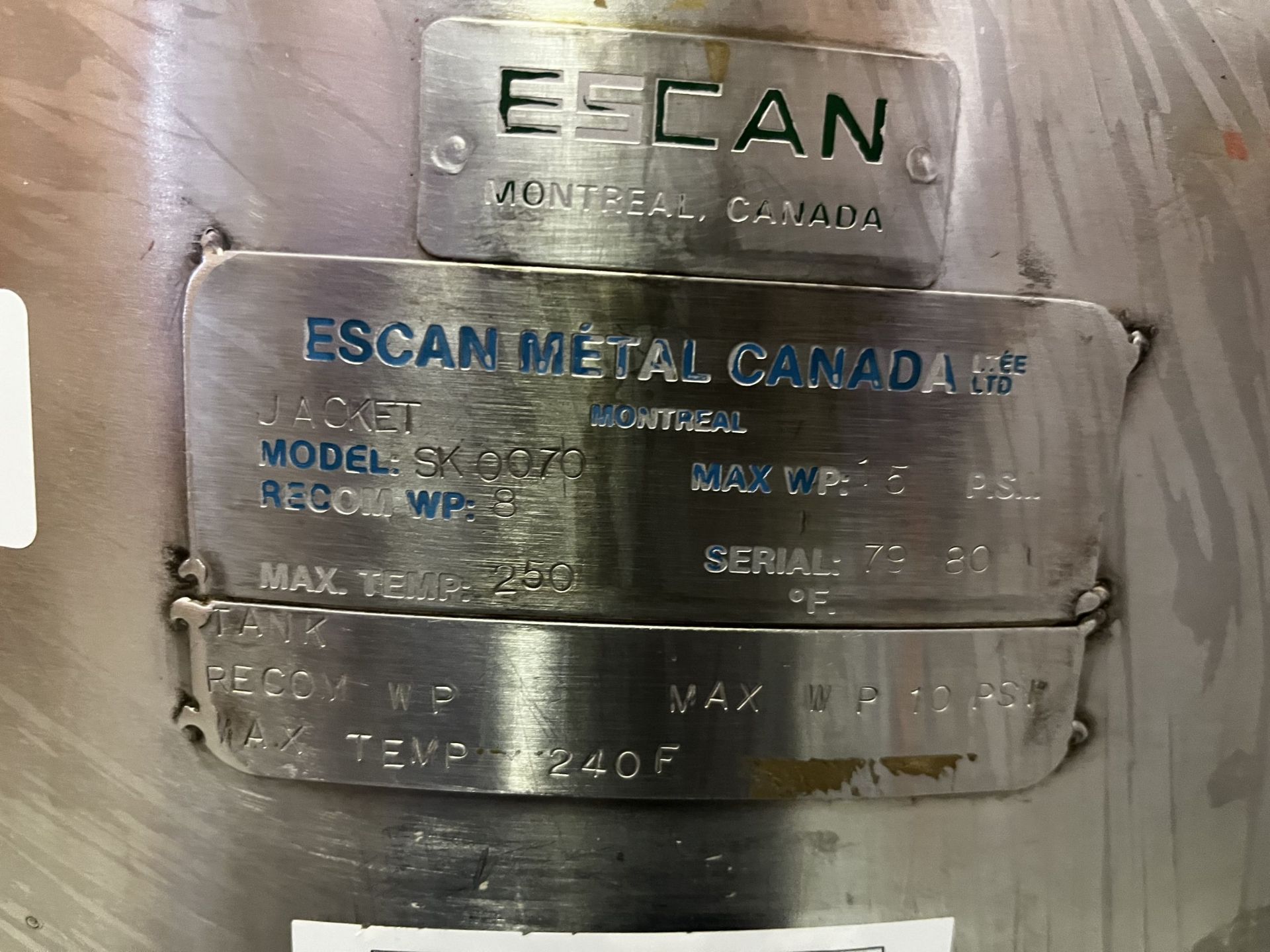 Escan Jacketed Stainless Steel Tank Approx 240Liters - Image 3 of 6