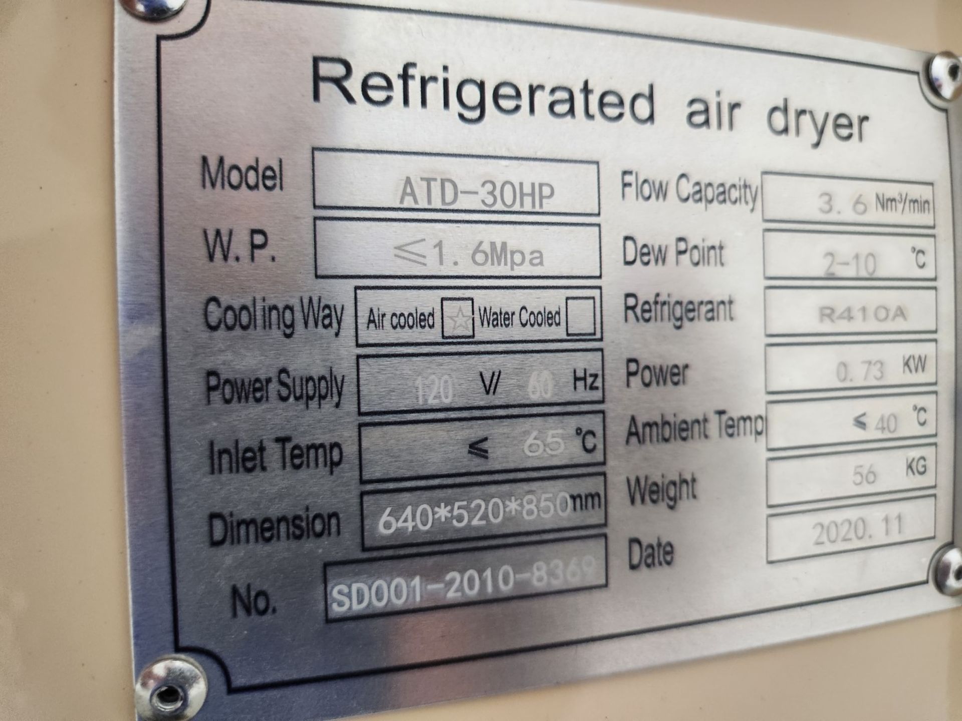 Airtech ATD-30HP Refrigerated Air Dryer, made in 2020. {TAG: 1180000} - Image 3 of 3