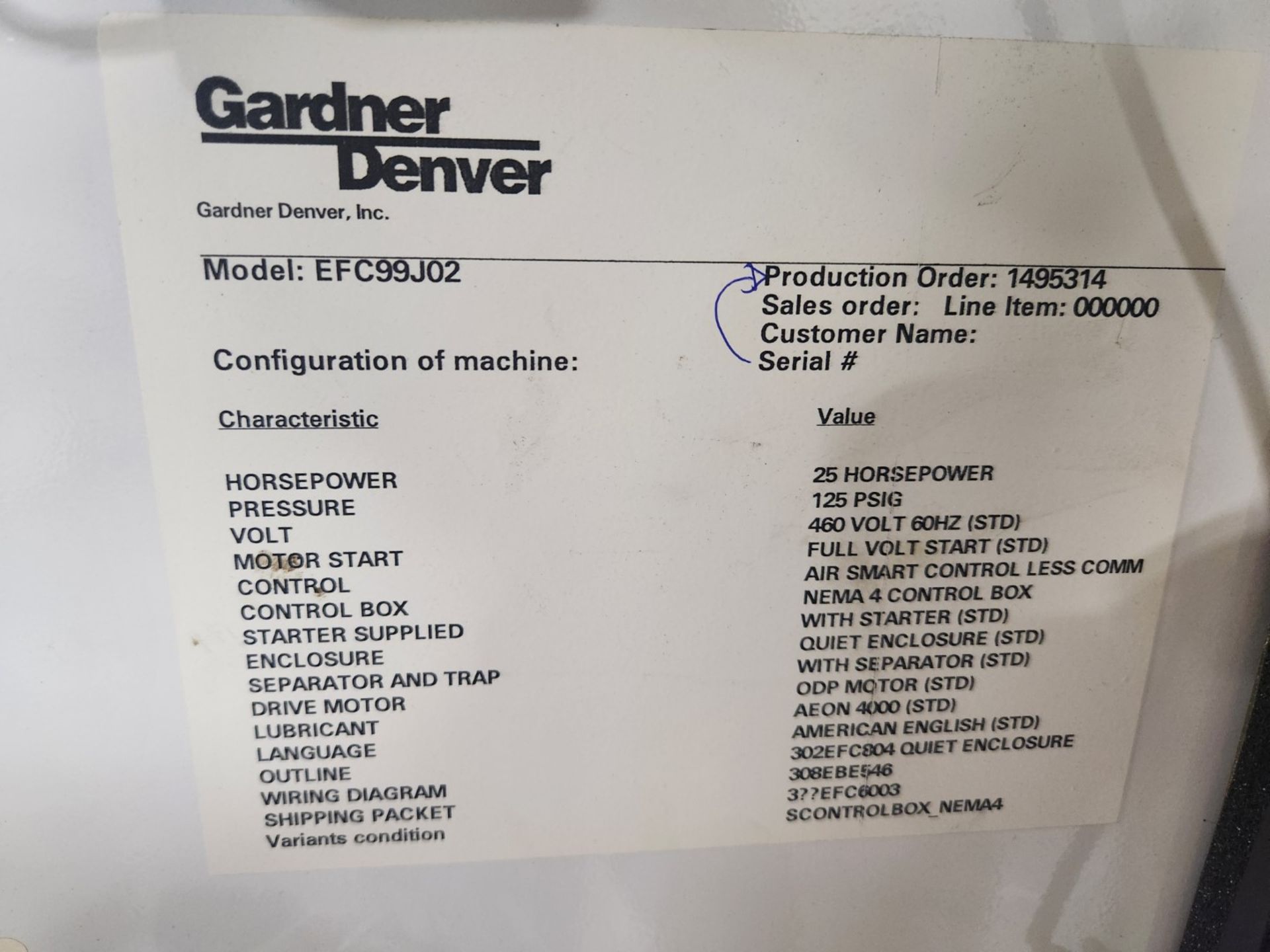 Gardner Denver Integra air compressor, model EFC99J02, 25 hp, 125 psig air pressure, 460 volts, - Image 2 of 9