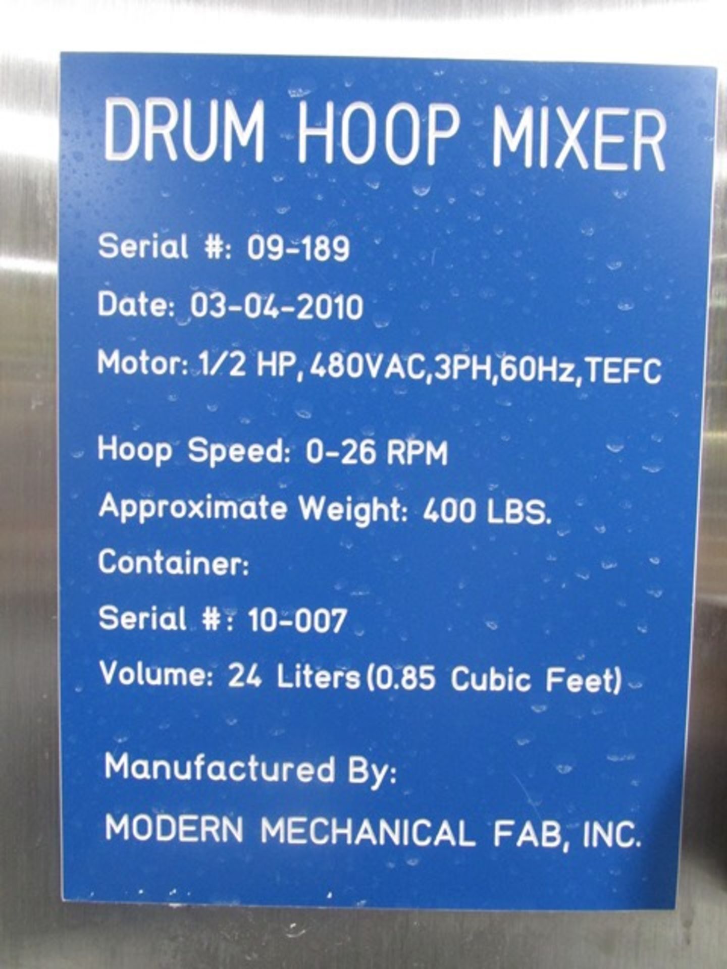 Drum hoop mixer, meant for 20" L x 12" diameter drum, 0-26 RPM operating speed, with 0.5 hp motor, - Image 9 of 9