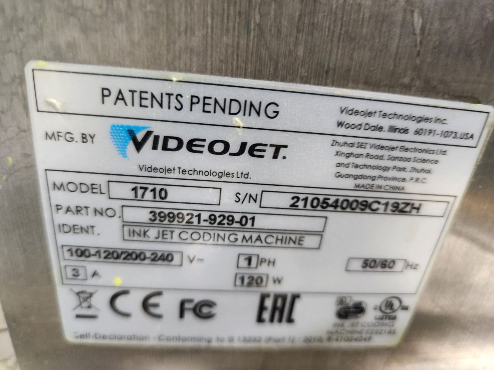 VideoJet inkjet printer, model 1710, with print head, on portable stand, 120 volts, serial# - Image 2 of 8