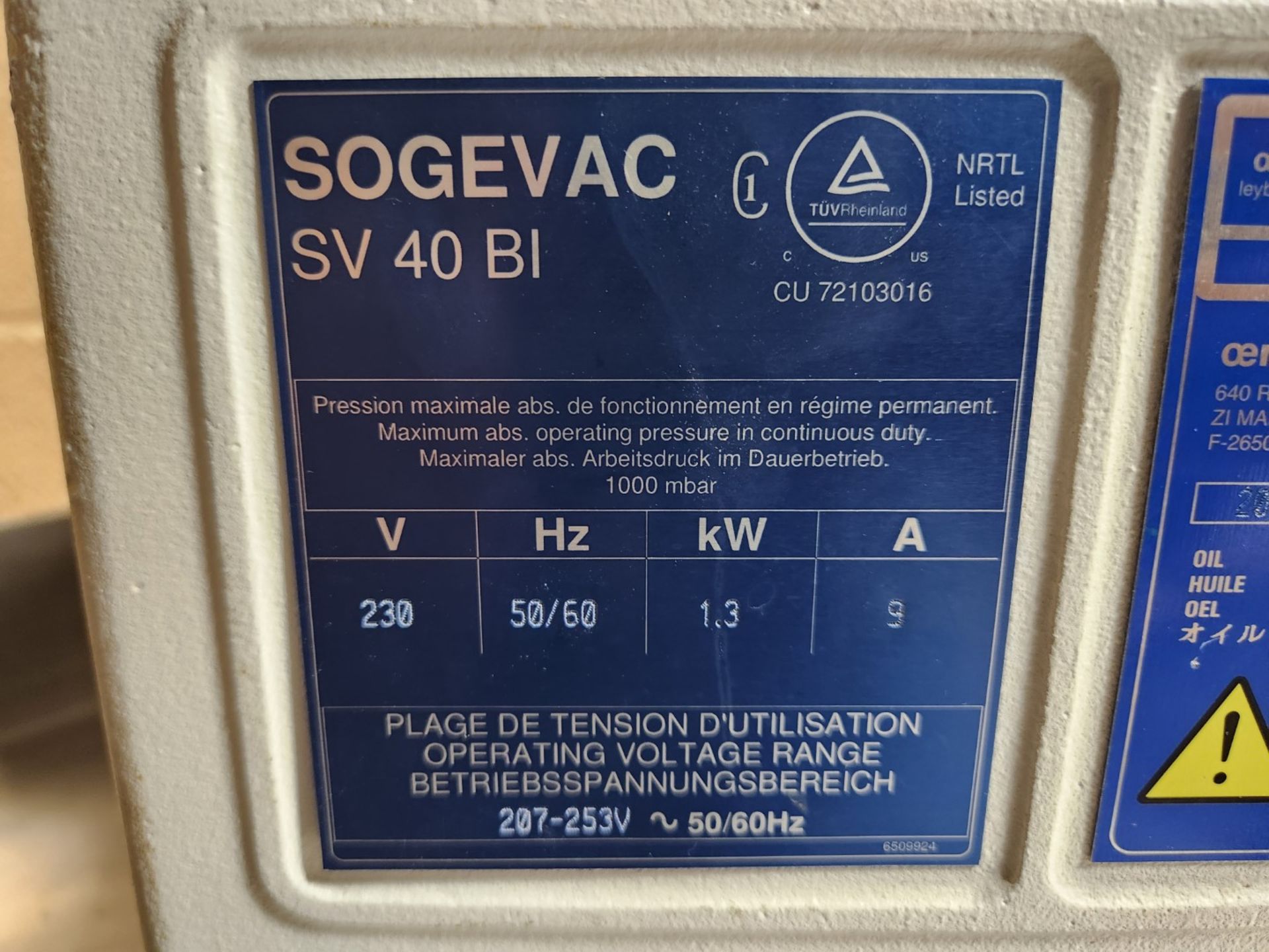 Sogevac 1.3 kW (1.75 hp) vaccum pump, model SV40 BIFC960365V2016, 230 volts, serial# 31000807481, - Image 3 of 7